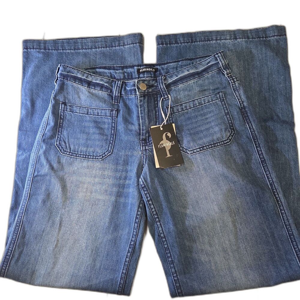 NWT Flamingals Womens XS Wide Leg Mid Rise Jeans Front Patch Pockets